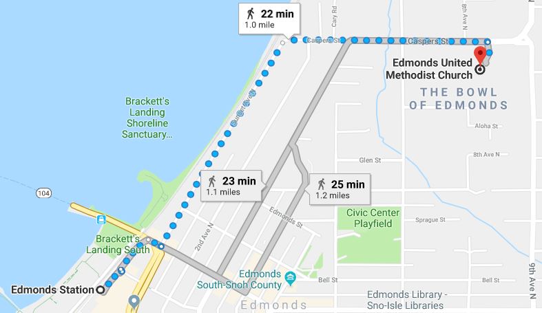 Walking map showing the route from the Edmonds United Methodist Church to Edmonds Station.