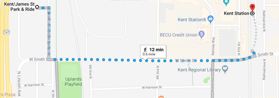 Walking map showing the route from the Kent/James Street Park and Ride to the Kent Sounder Station