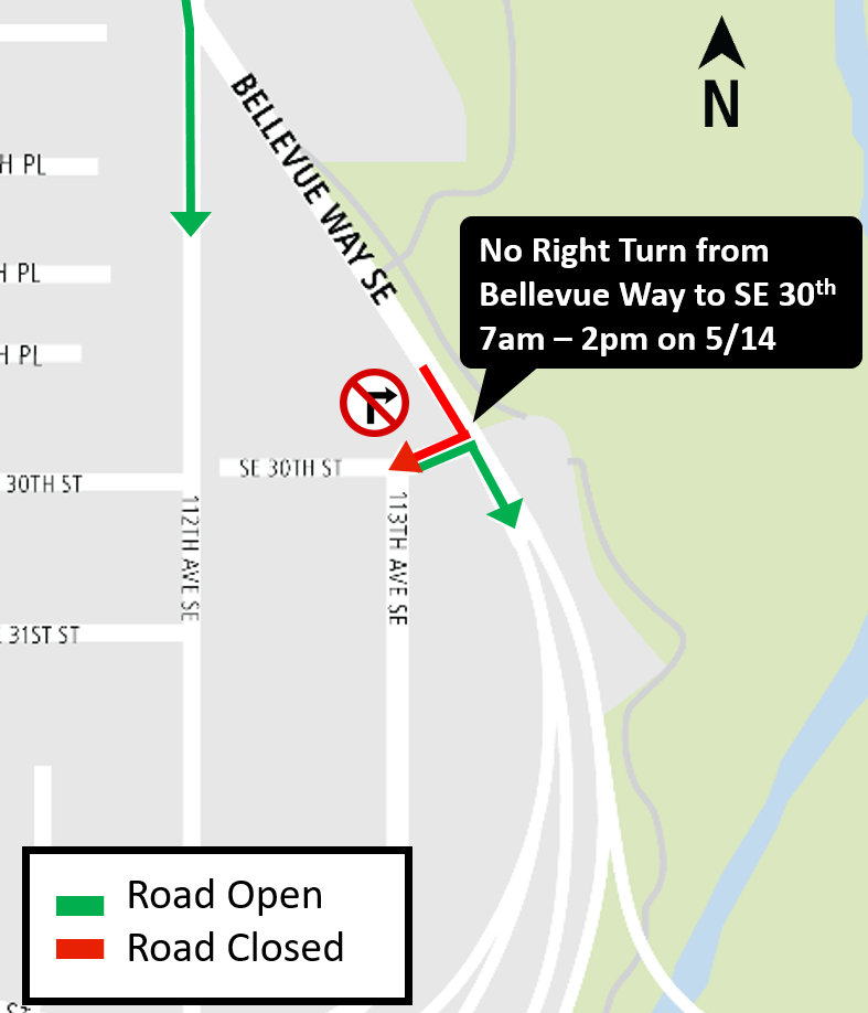 Construction map for Bellevue Way Southeast to 30th Avenue Southeast closure, South Bellevue Station