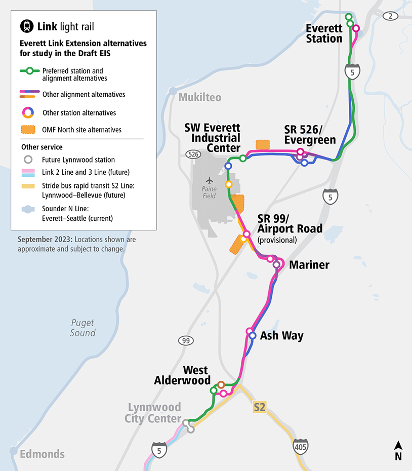 Map of proposed Everett Link Extension and alternatives