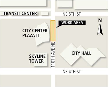 Map of the work area on 110th Ave NE, Bellevue.