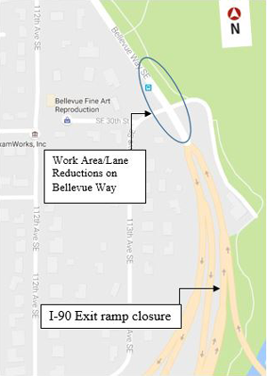 Map of PSE work area and lane restrictions on Bellevue Way.