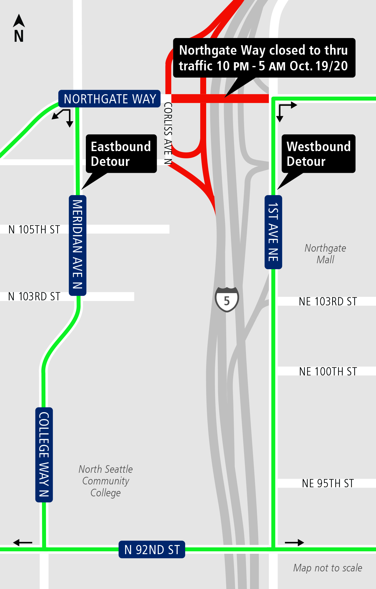 Map of construction on Northgate Way Oct. 19-20