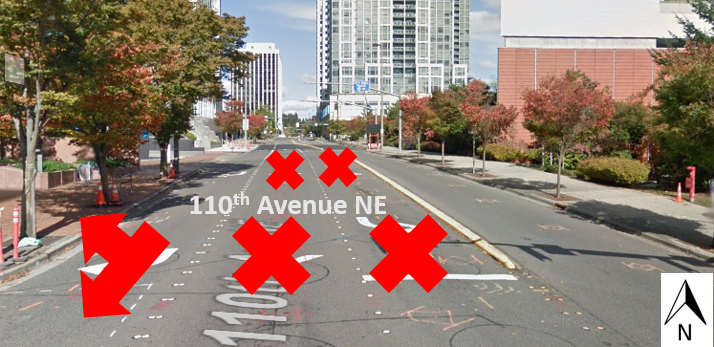 Photo illustrating lane closures on 110th Ave NE in Bellevue.