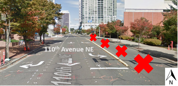 Map illustrating closing of the northbound lane on 110th Avenue between Northeast 4th Street and Northeast 6th Street.