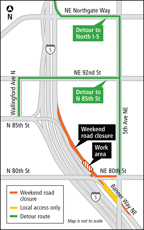MAP: Access to northbound I-5 on-ramp and N 85th Street at Banner Way NE and NE 80th Street will be CLOSED Friday, Feb. 24 at 8 p.m. to Sunday, Feb. 26 at 7 p.m.