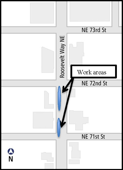 Map illustrating lane closures between NE 72nd St and NE 71st St.