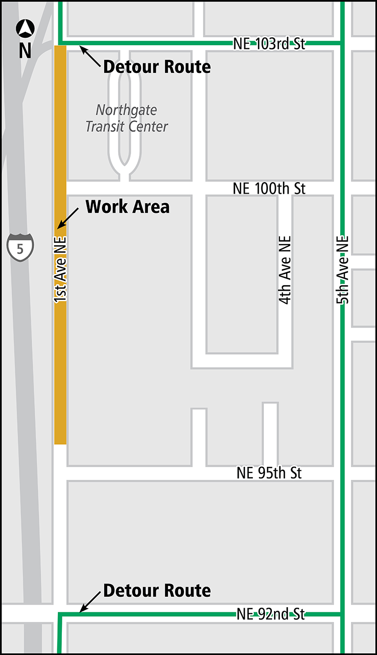 Map of lane closures on 1st Ave NE in Northgate.