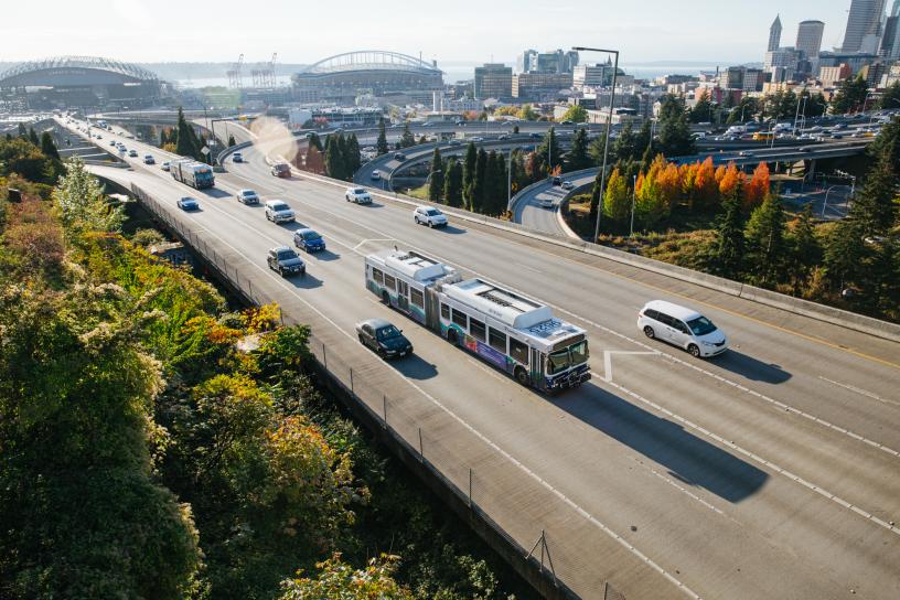 Sound Transit express bus heads east on I-90 from downtown Seattle.