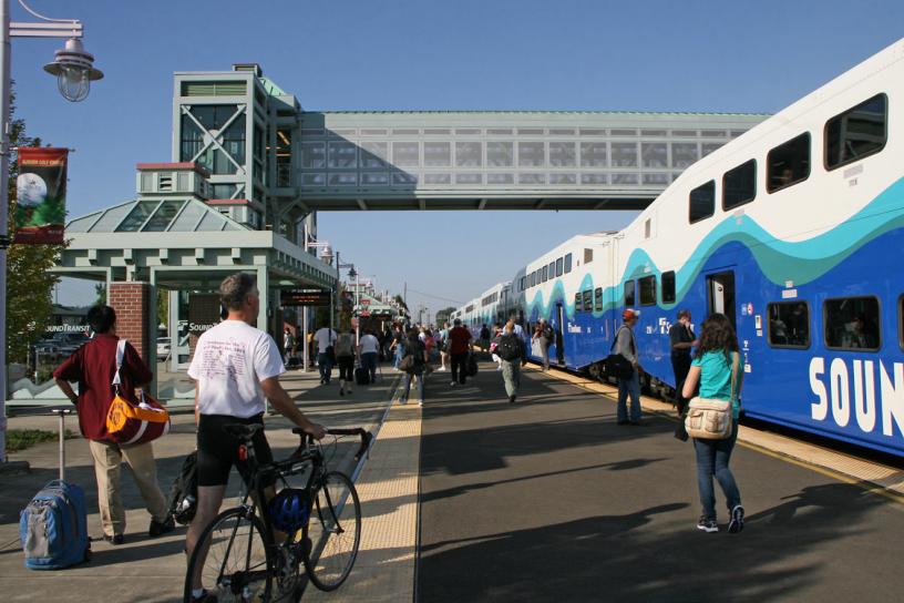 A view from the platform as passengers disembark from a Sounder train at the Auburn Station.