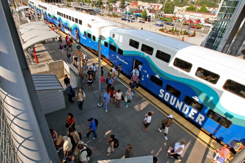 An aerial view of the Auburn Station platform as passengers disembark from a Sounder train.
