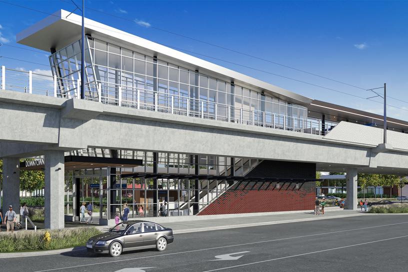 Design visualization of downtown Redmond station’s west entrance.