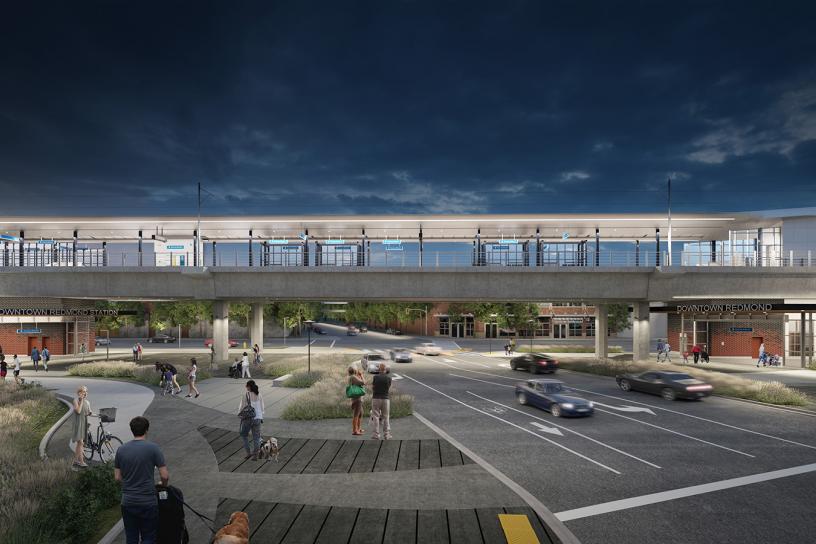 The future downtown Redmond station’s platform will be elevated over 166th Avenue NE alongside the Central Connector Trail.
