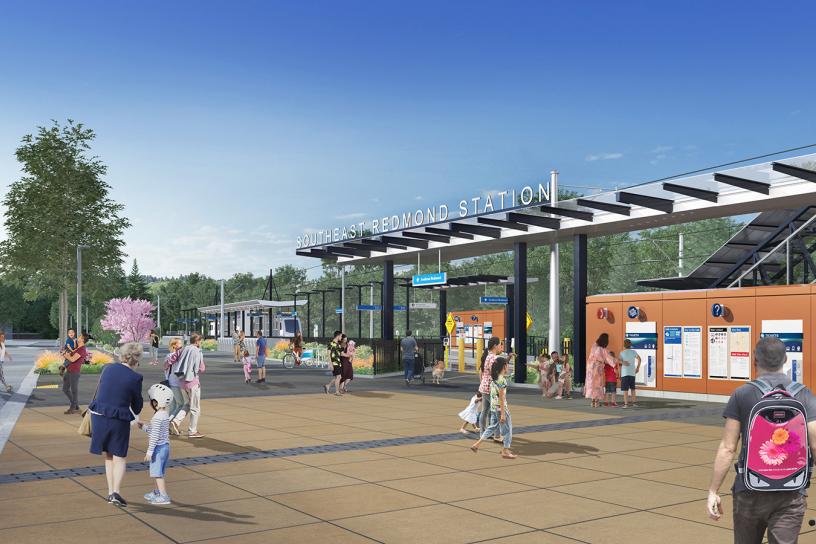 Rendering of the future southeast Redmond station plaza and drop-off pick-up area on NE 70th Street.