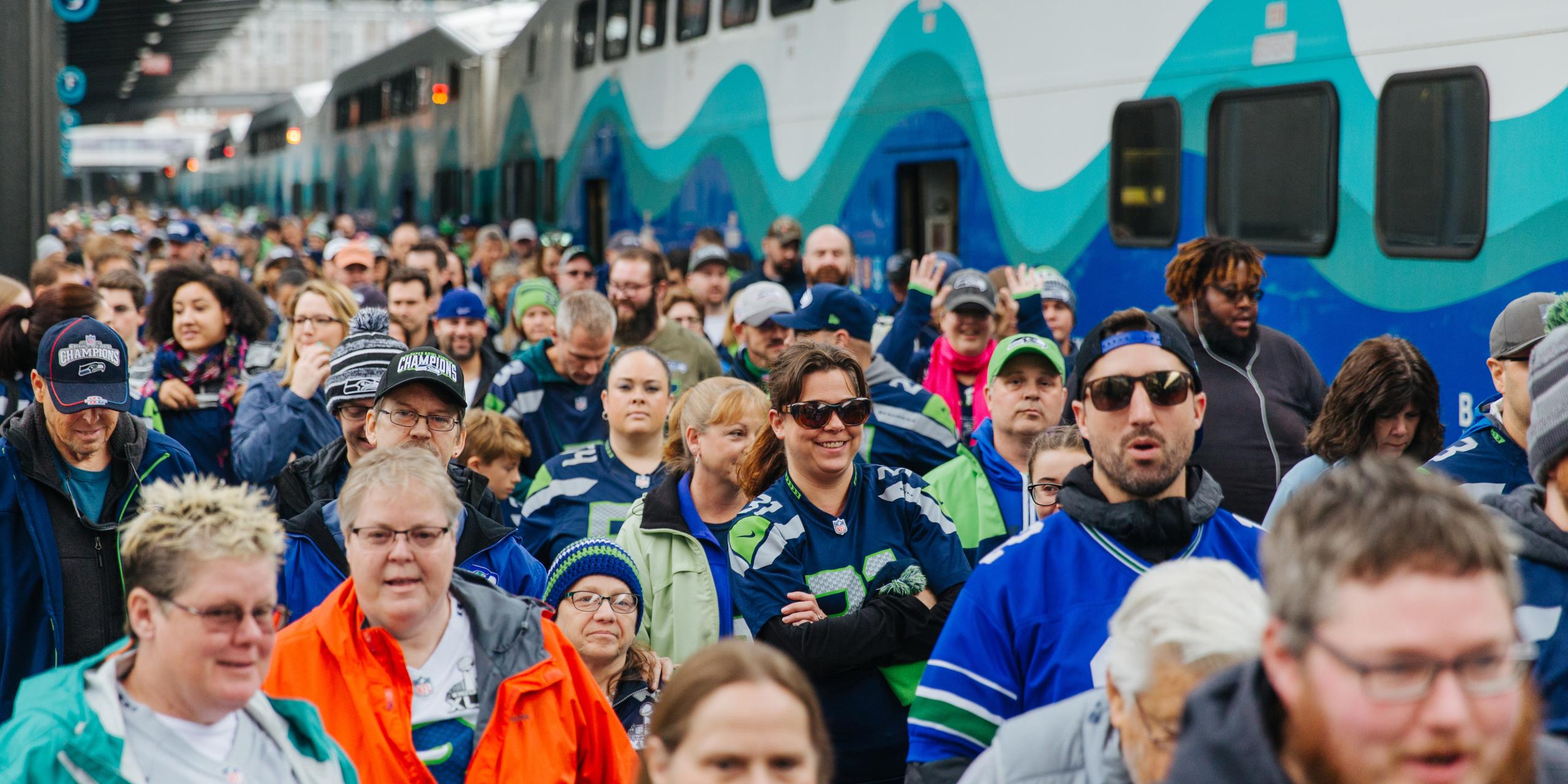 Seahawks fans exiting Sounder train