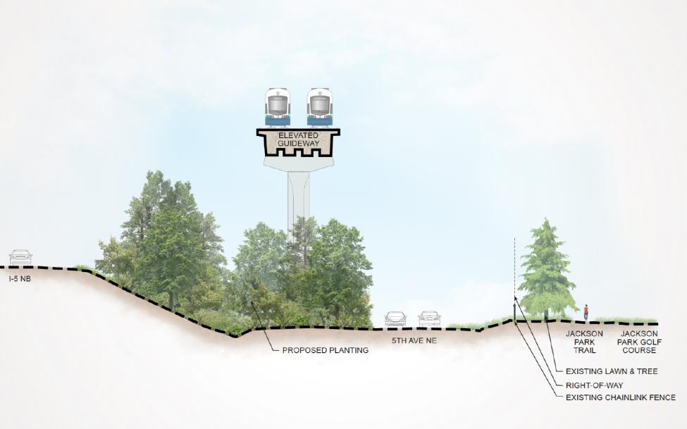 An illustration of the elevated guideway and tree plantings along the Lynnwood Link route