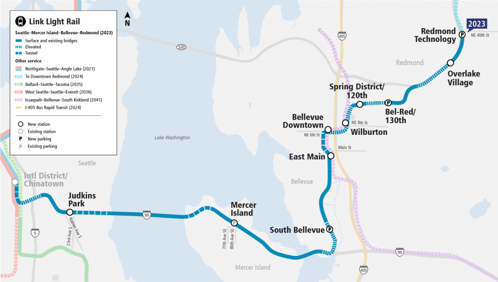 A map showing the future East Link stations and route connecting Seattle, Mercer Island, Bellevue and Overlake.