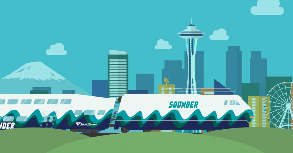 An illustration of a train headed to Seattle with the great wheel and Space Needle in the background