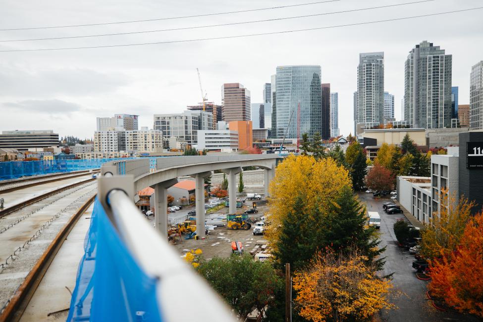 Downtown Bellevue can be seen from the light rail guideway by Wilburton Station.