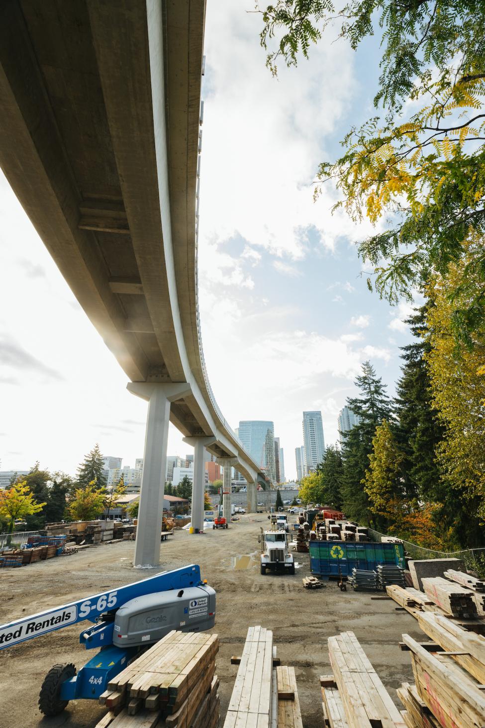 A view from underneath the new light rail bridge in downtown Bellevue.