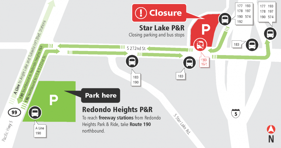 Map of the Star Lake Park-and-Ride and Redondo Heights Park-and-Ride.