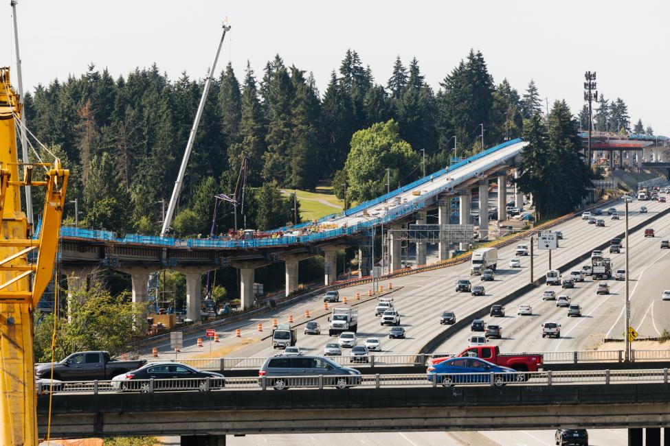 The guideway for the Lynnwood Link light rail extension curves with the land along I-5 north of Seattle approaching Mountlake Terrace Station. 