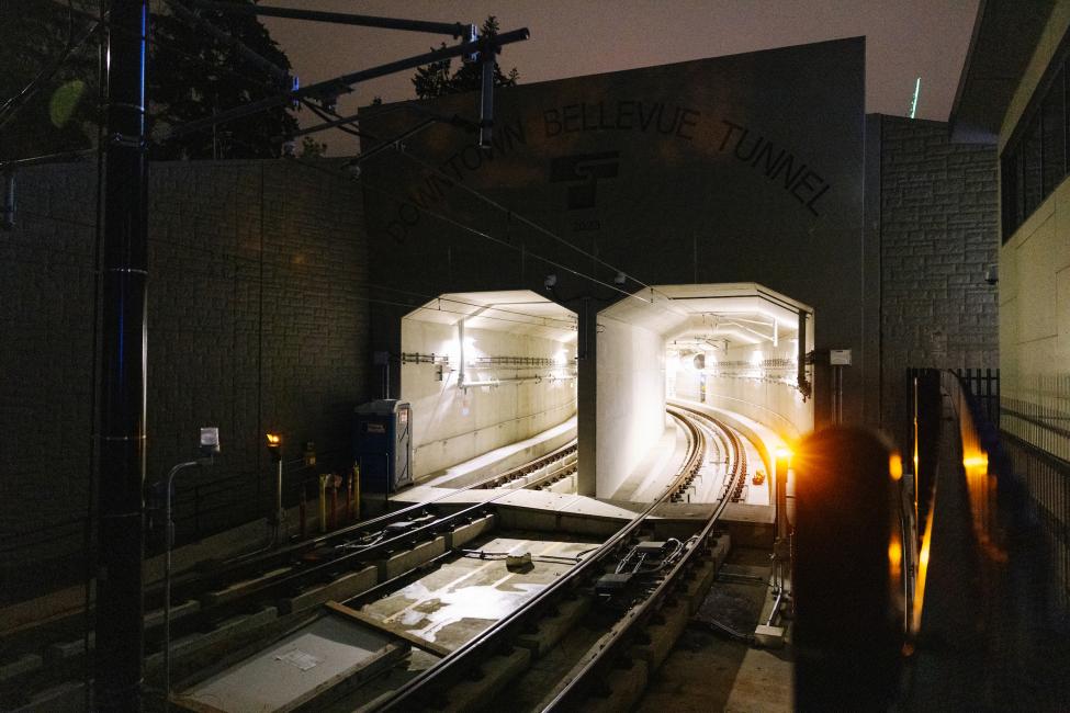 The light rail tunnel in Bellevue at night.