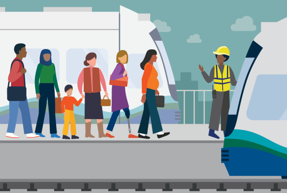 Illustration showing emergency personnel leading passengers on a pathway.