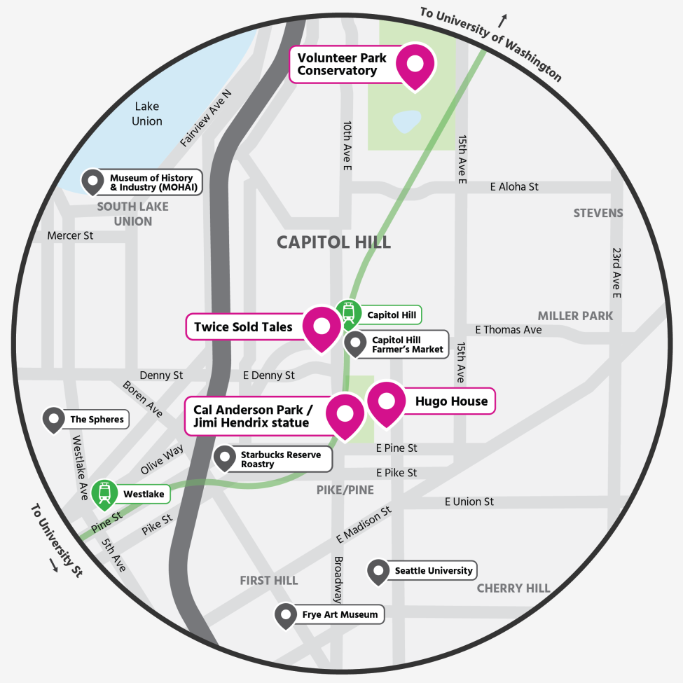A map shows Capitol Hill Station and the relative locations of Twice Sold Tales, Hugo House, Cal Anderson Park, and Volunteer Park.