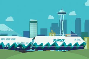 An illustration of a train headed to Seattle with the great wheel and Space Needle in the background