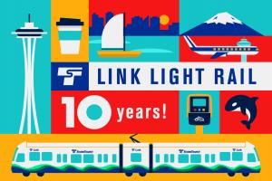 A picture of the commemorative Link 10th birthday ORCA cards showing a light rail train, the Space Needle, Mt. Rainier and other Seattle icons.