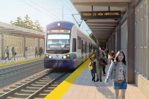 A station rendering shows a Link light rail train arriving in Federal Way.