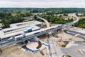 A drone shot of construction at the future Lynnwood light rail station