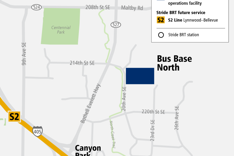 area map showing the Bus Base North facility location in the City of Bothell, Canyon Park subarea