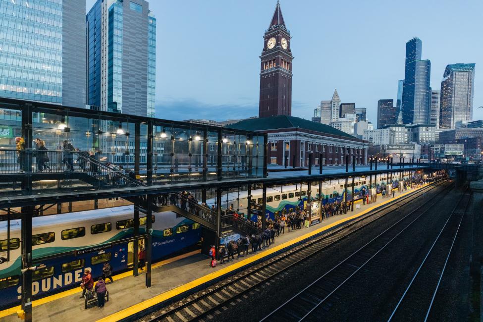 A shot of the Sounder platform, with King Street Station in the background.