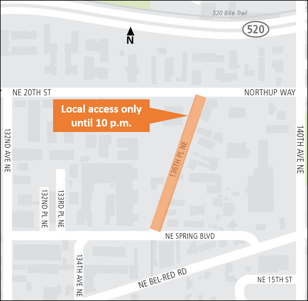 Intersection closure of NE 20th St at 136th PL NE