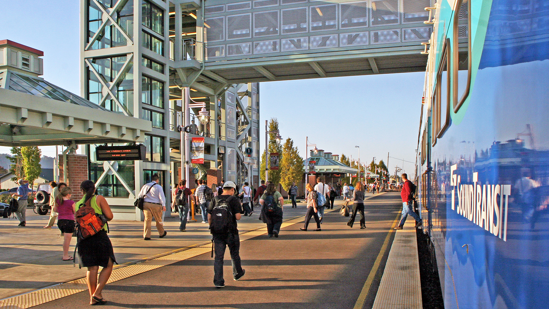 Riders disembark the Sounder at Auburn station.