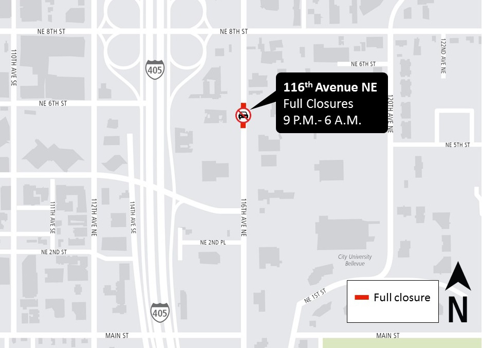 Map of 116th Avenue Northeast street closure in Bellevue.