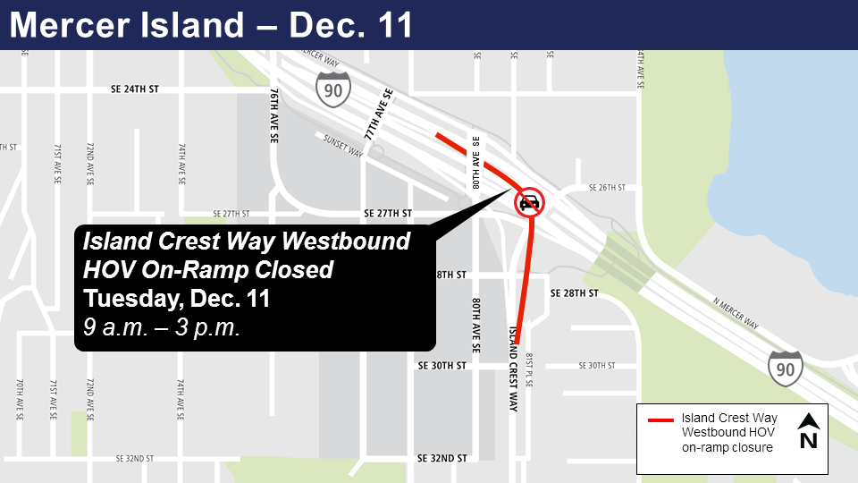 Map of Westbound Island Crest Way HOV on-ramp closures.