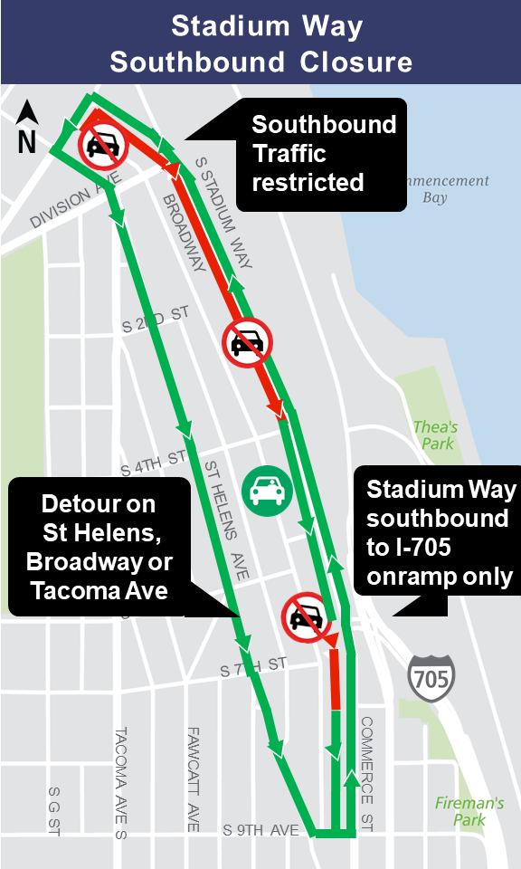 Map of Stadium Way southbound closures.