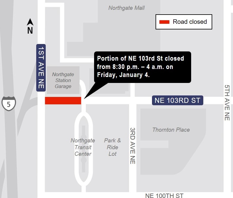 Map of NE 103rd St. Closure Northgate January 2019