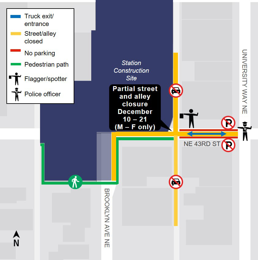 Map of partial street closures and traffic impacts near U District Station site.