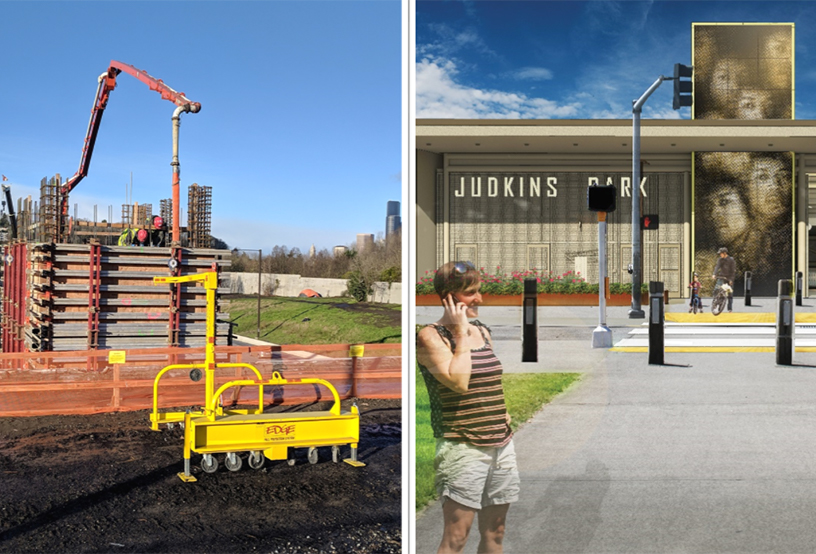 Image of elevator shaft concrete form and rendering of station entrance at Judkins Park, East Link Extension