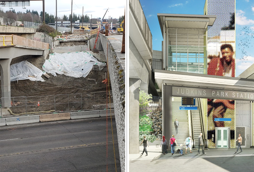 Image of demolition, excavation and rendering of station entrance at Judkins Park Station, East Link Extension