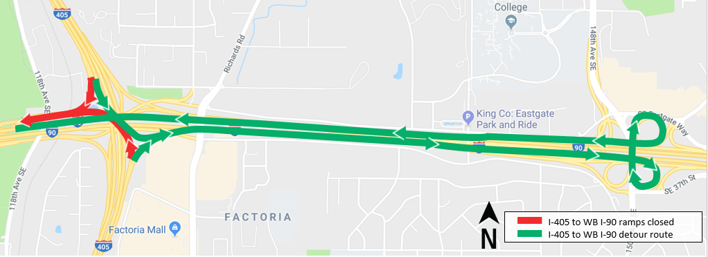 East Link South Bellevue I-405 to I-90 west ramp closure detour map