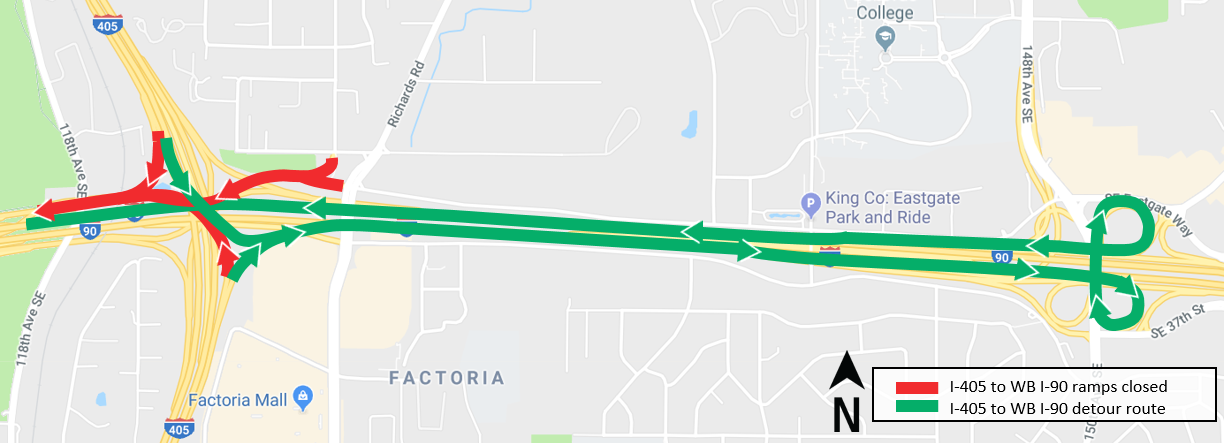 Map of construction area around I-405 and I-90 in Bellevue January 2019