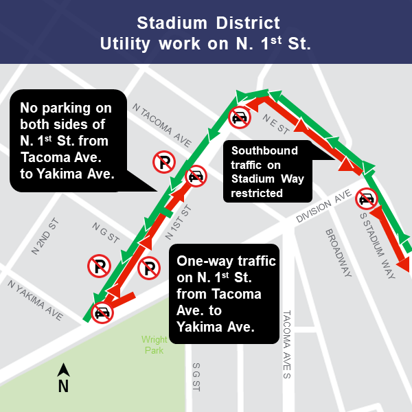 Map of construction area near N 1st St and Stadium District 1/17/19