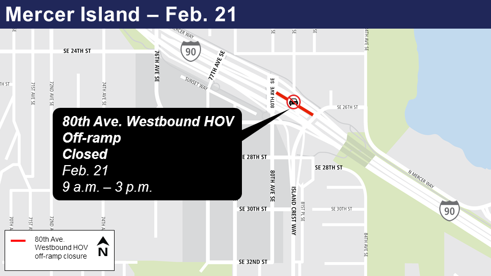 Map of I-90 HOV off-ramp closure Mercer Island Feb. 21, 2019