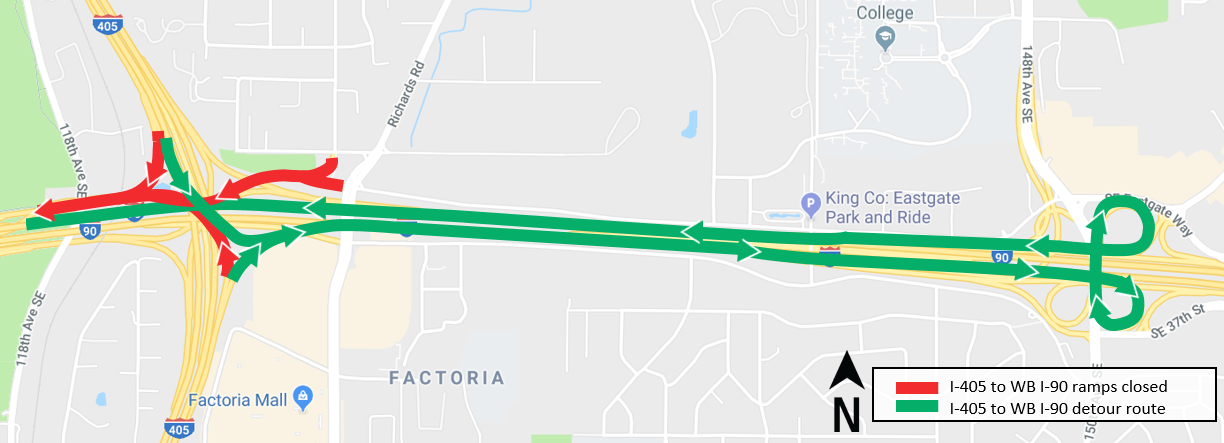 I-405 to I-90 west ramp closure detour map