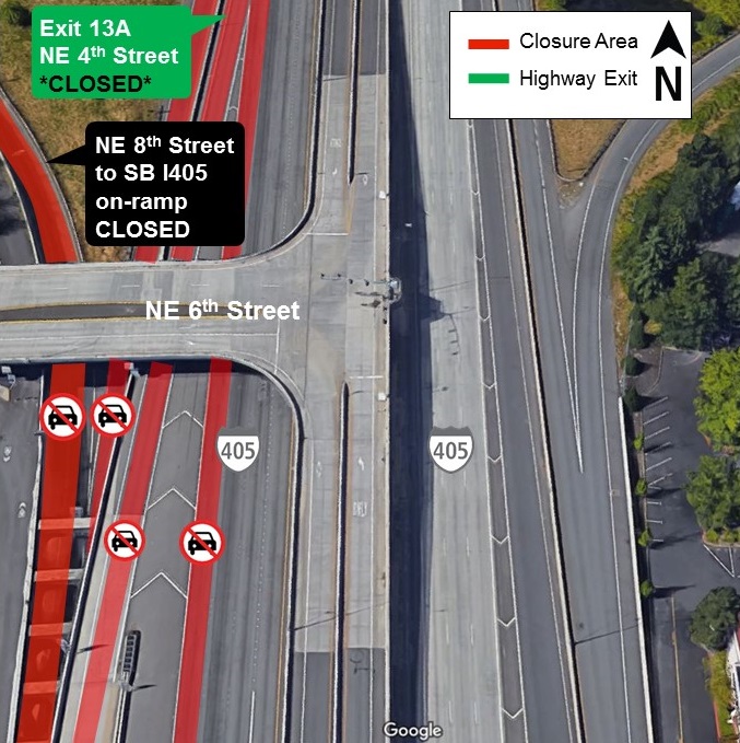 Map of night closure area of I-405 in Bellevue, March 2019